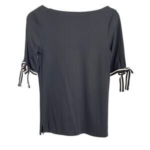 Lauren Ralph Lauren Black Boatneck Tie Sleeve Top Cotton Stretch Tee M